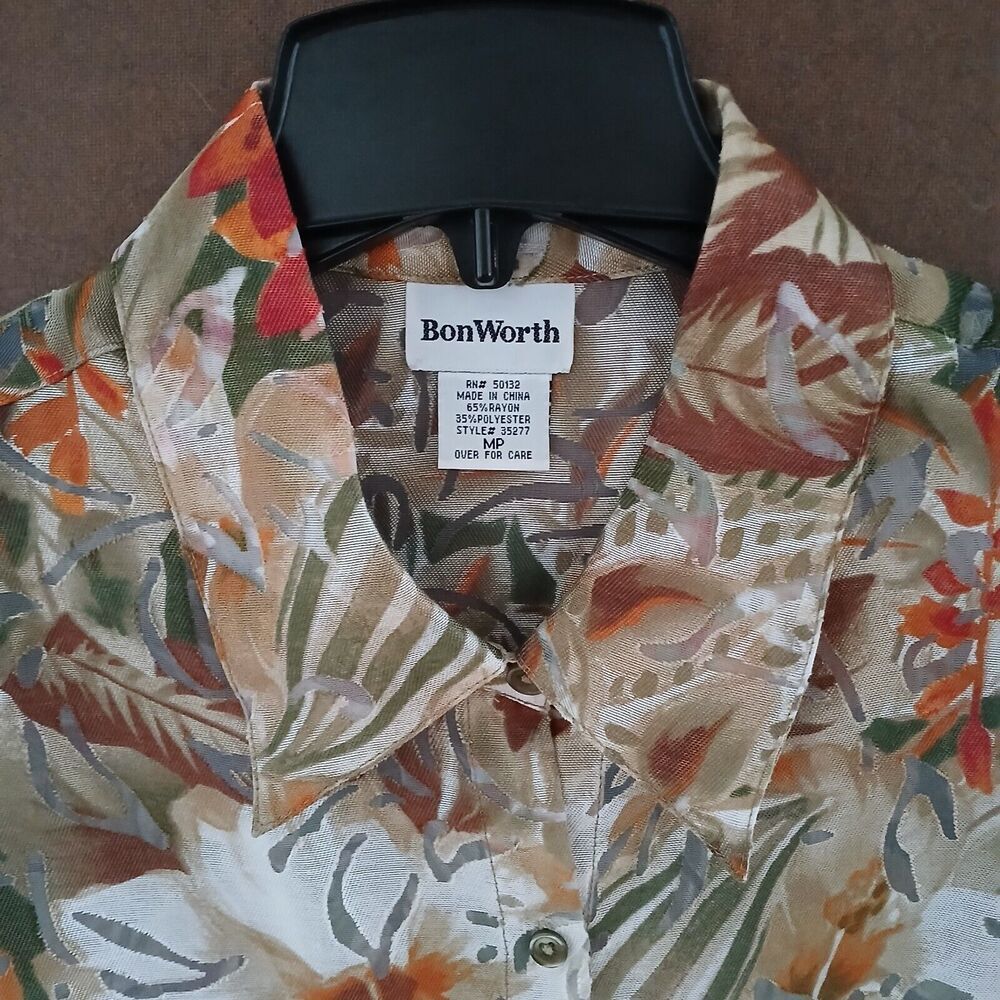 BonWorth Tropical Beachy Boho Lightweight Short Sleeve Top Medium Petite - Picture 3 of 9